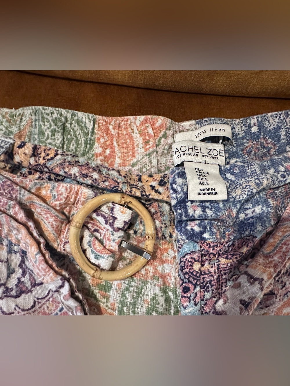 Rachel Zoe Multicolor Linen Printed Belt with Natural-Tone Round Buckle